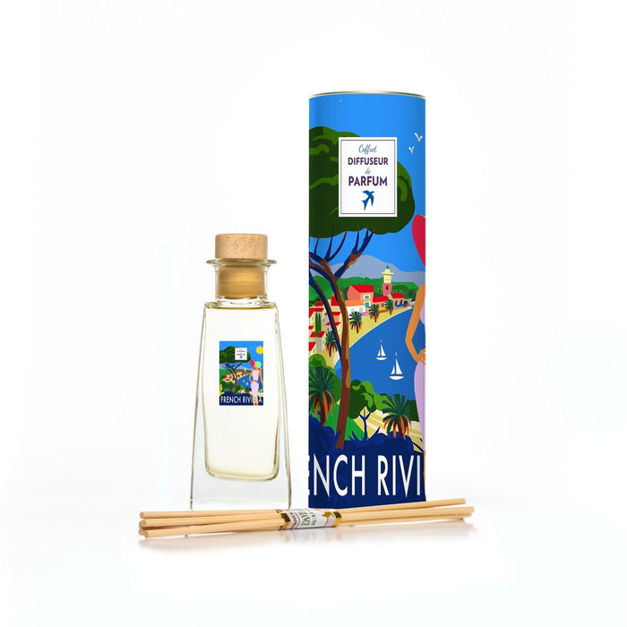 Diffuseur de parfum Collection French Riviera de Couleur Safran, Cannes, avec flacon élégant et diffuseur en bois.