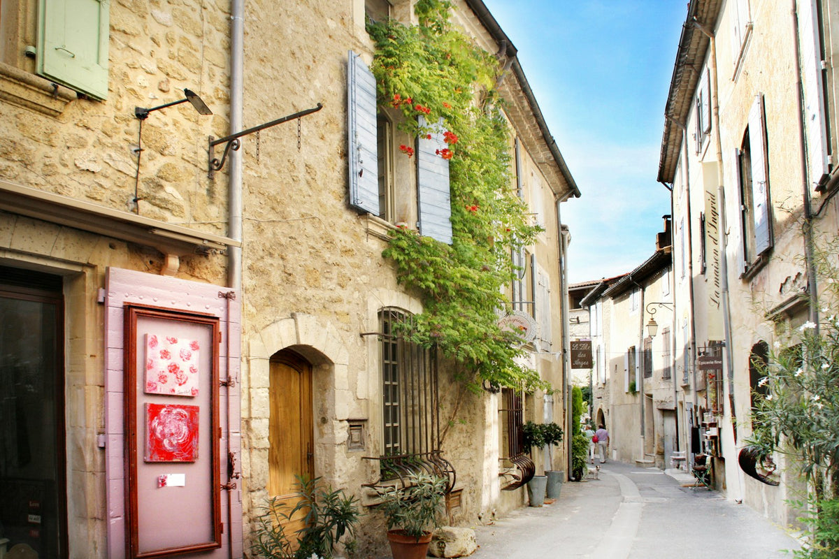 Ruelle ensoleillée du sud de la France, volets et plantes grimpantes