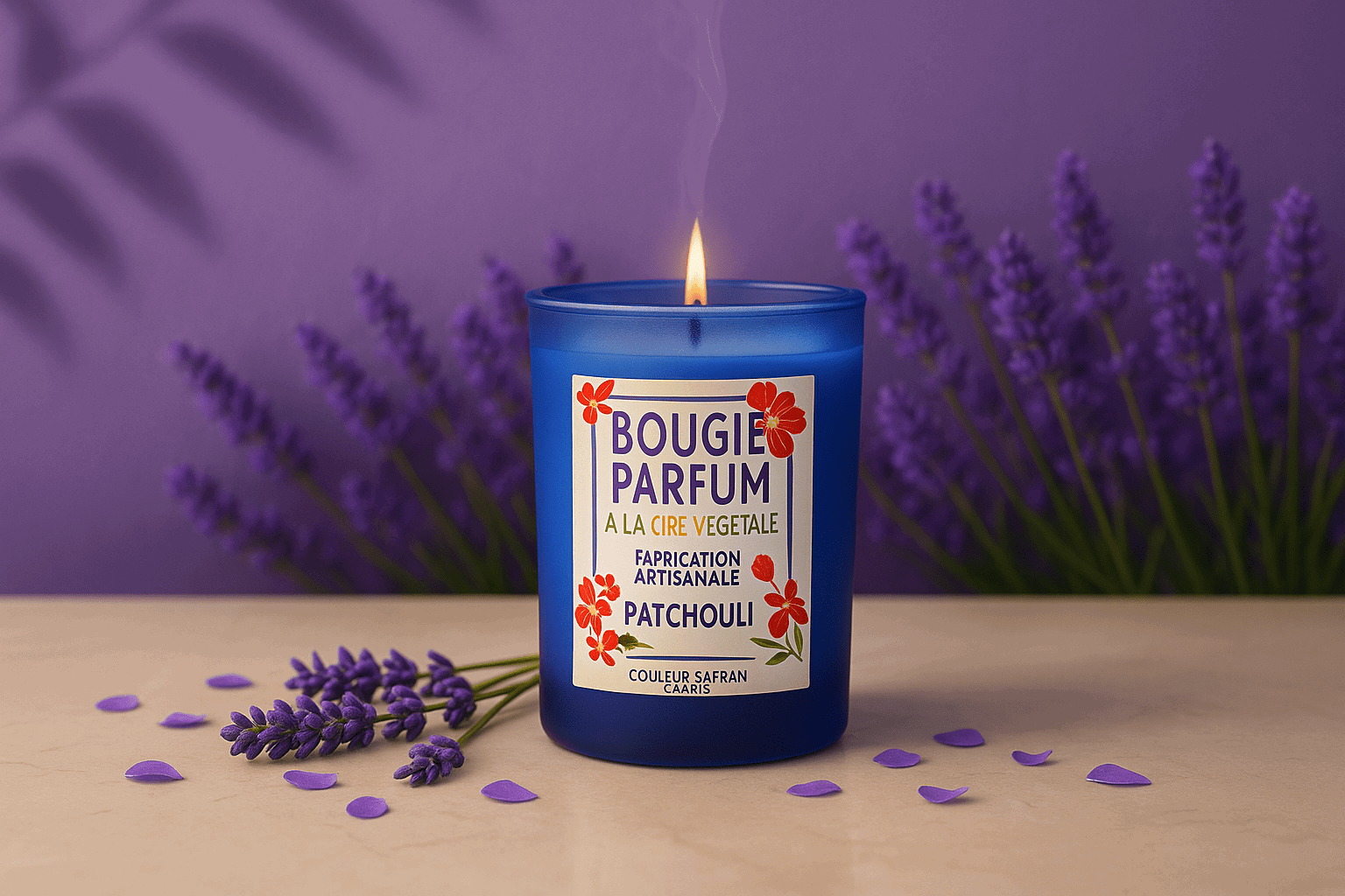 Bougie parfumée artisanale couleur safran en cire végétale de 180g, ambiance chaleureuse et parfumée.