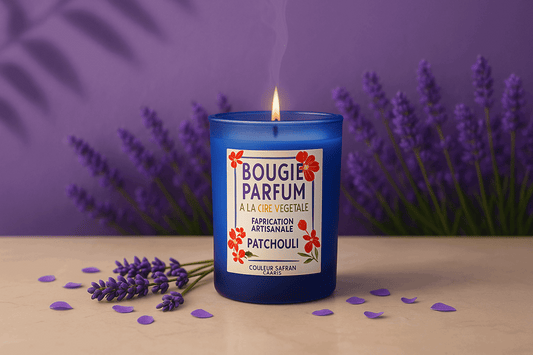 Bougie parfumée artisanale couleur safran en cire végétale de 180g, ambiance chaleureuse et parfumée.