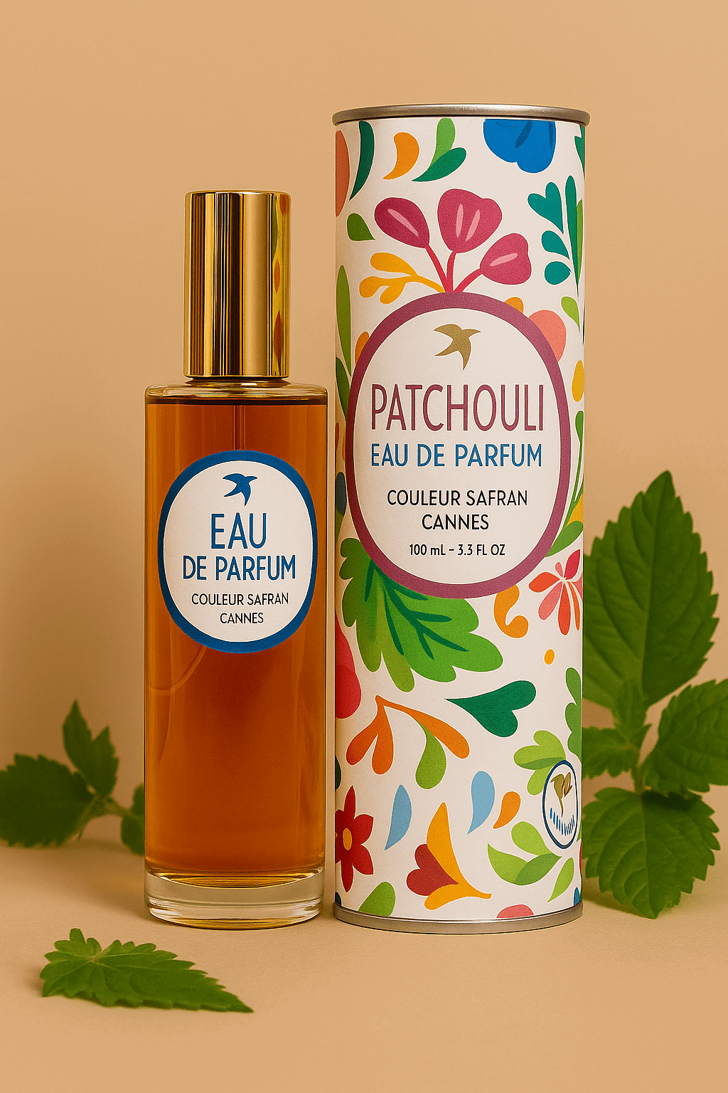 Flacon d'eau de parfum Patchoulis de 100ml de la marque My Store, avec étiquette élégante et bouchon en verre.