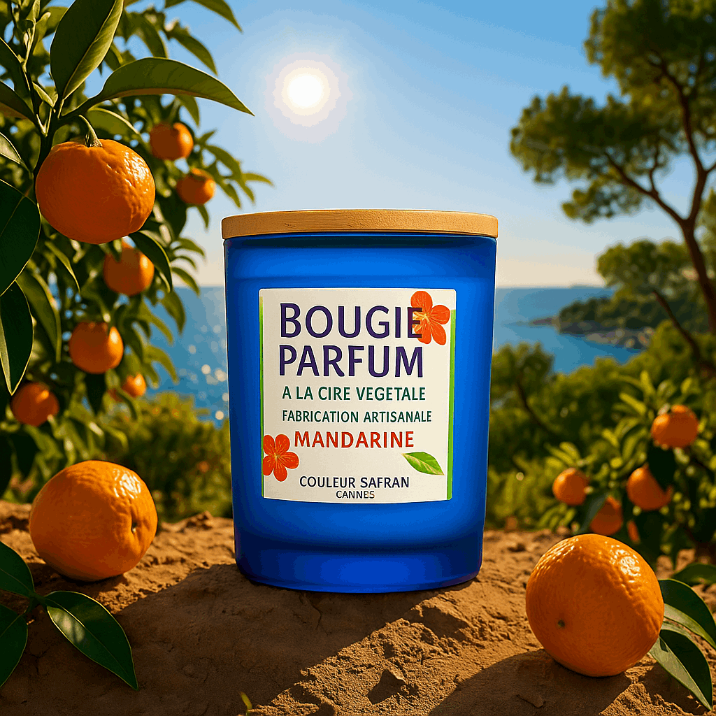 Bougie parfumée artisanale Couleur Safran de 180g, en cire végétale, avec un design élégant et une couleur rouge safran.
