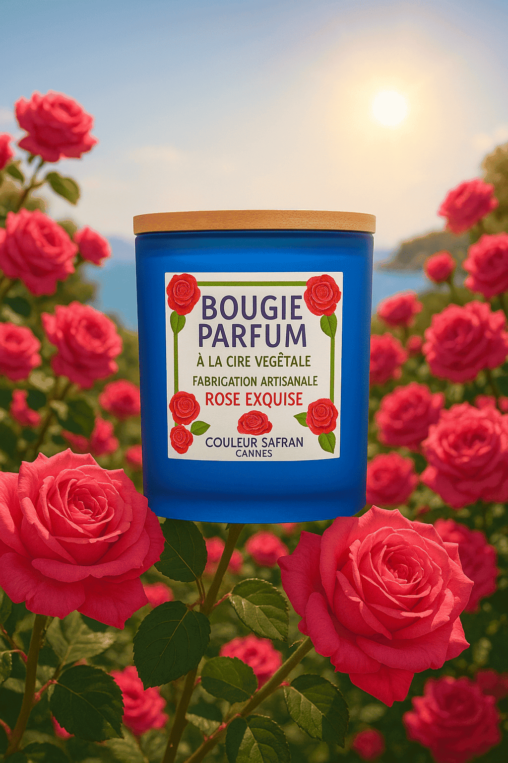 Bougie parfumée Couleur Safran avec flamme, dans son contenant bleu