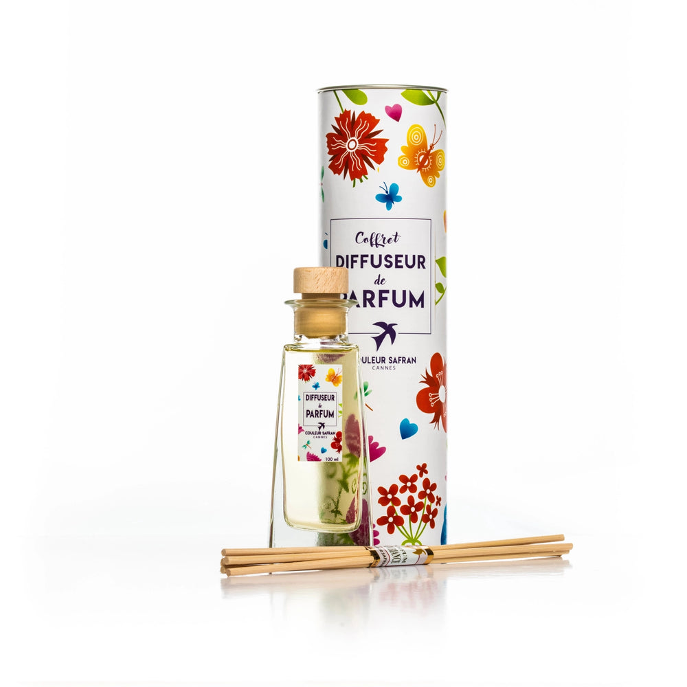 Diffuseur de parfum artisanal de 100ml couleur safran, élégant, avec flacon en verre et tige diffuseuse, parfum floral et �