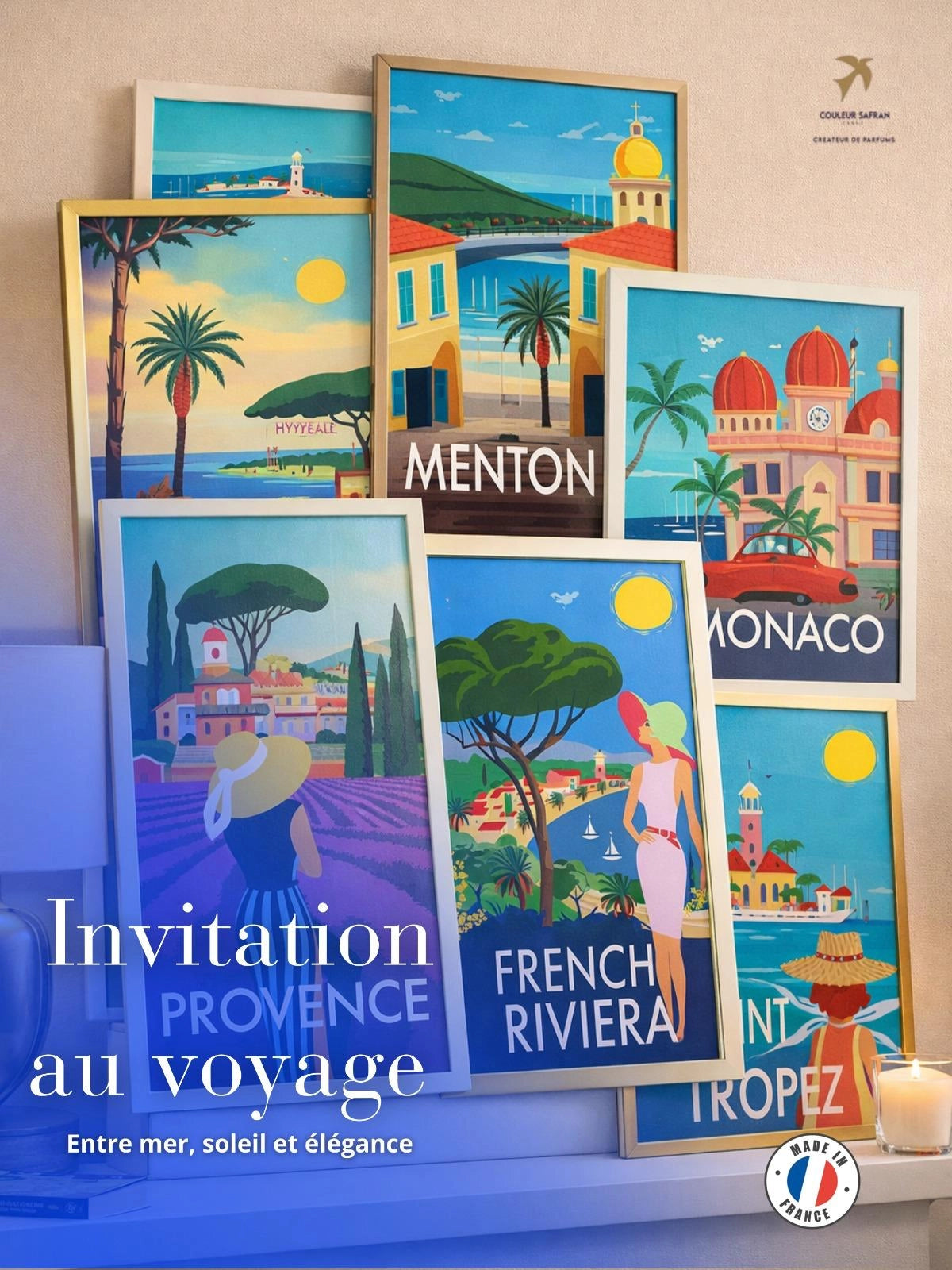 Affiche de la collection Côte d’Azur de Couleur Safran, représentant la French Riviera avec paysages colorés et paysages méditerranéens.