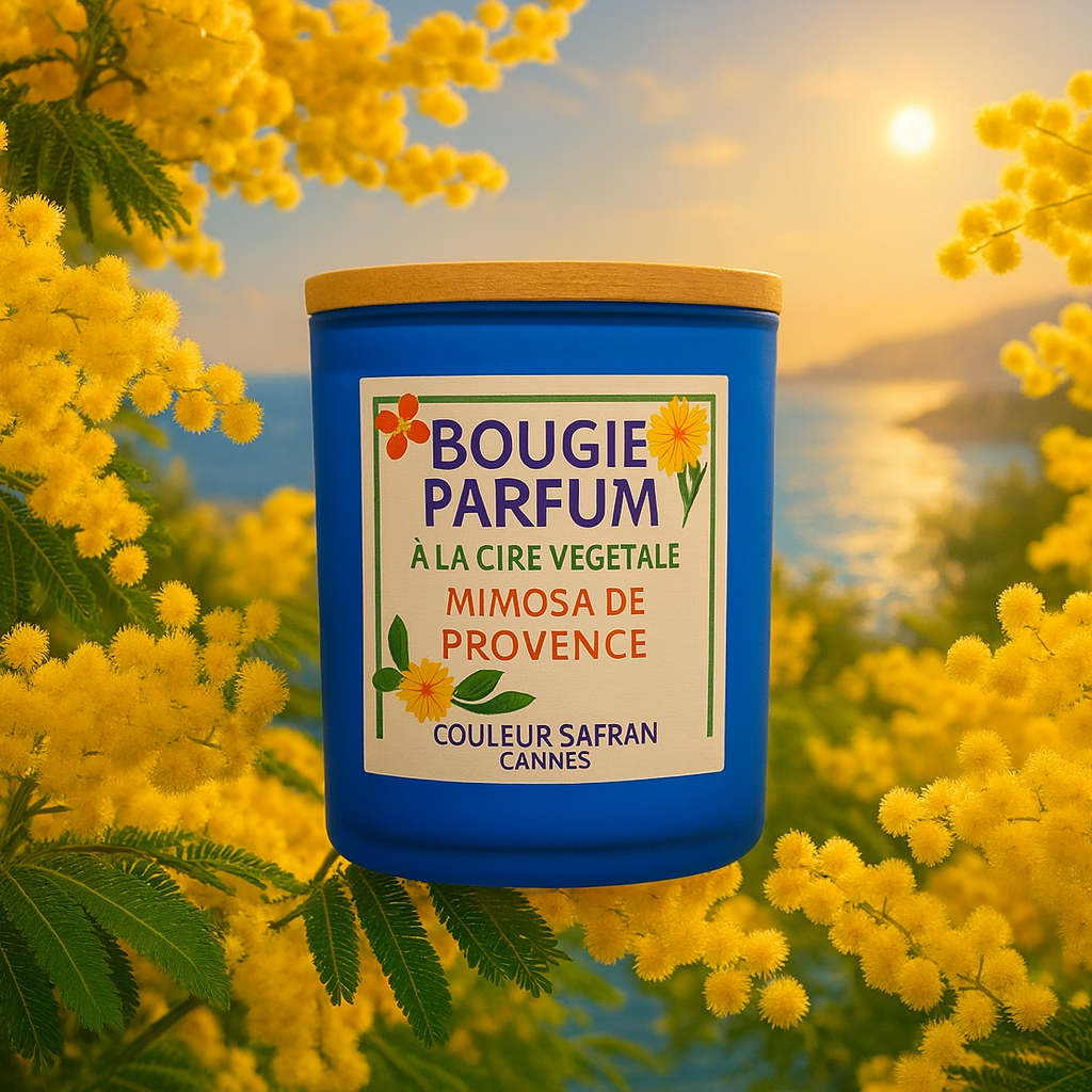 Bougie parfumée artisanale couleur safran, cire végétale de 180g, parfum floral mimosa, pour ambiance chaleureuse.