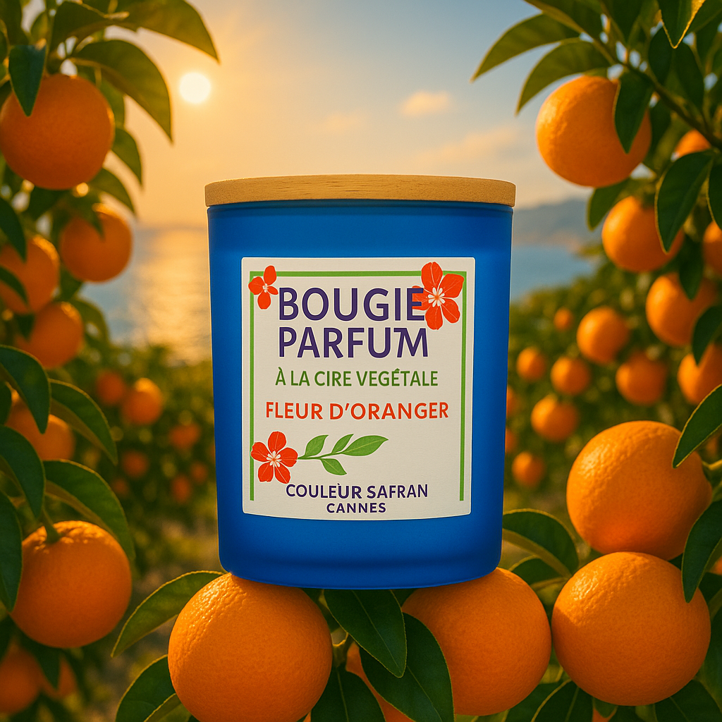 Bougie parfumée artisanale couleur safran de 180g avec cire végétale, décorée de fleurs d'oranger, idéale pour créer une ambiance chaleureuse