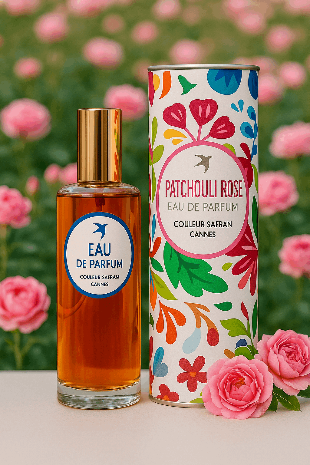 Flacon d'eau de parfum Patchoulis 100ml de My Store avec étiquette élégante et spray visible sur un fond neutre.