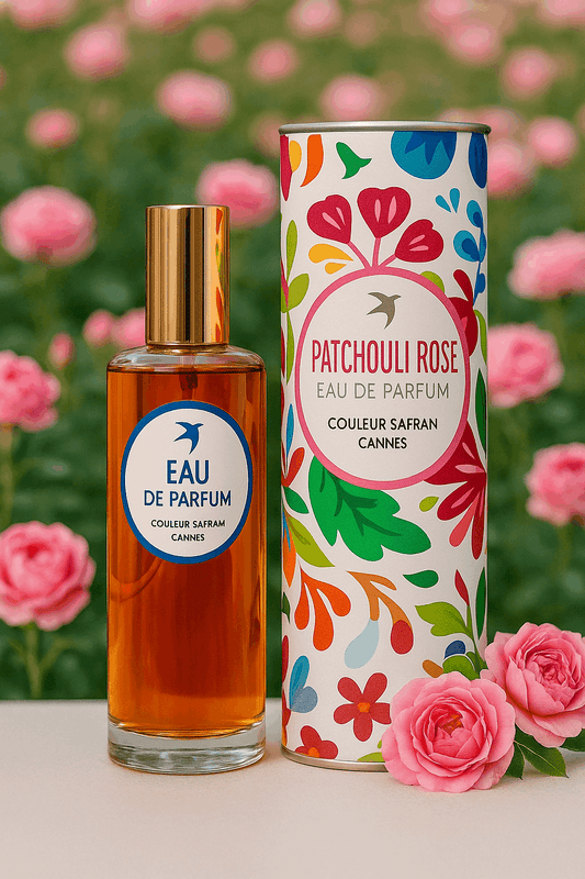 Flacon d'eau de parfum Patchoulis 100ml de My Store avec étiquette élégante et spray visible sur un fond neutre.