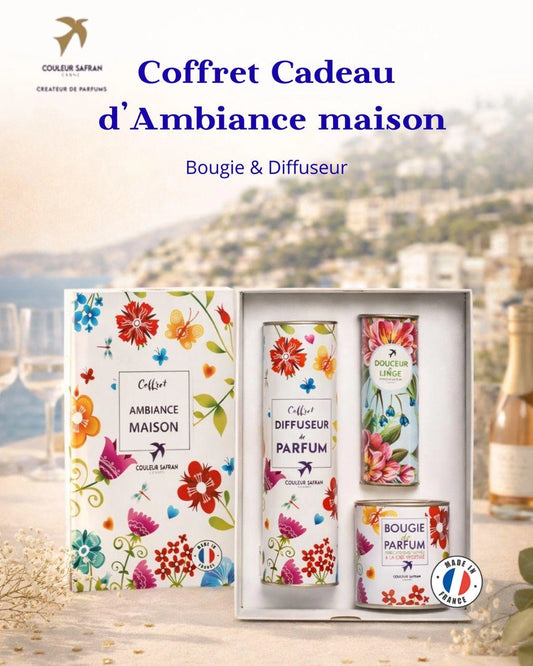 Coffret cadeau d'ambiance maison avec diffuseur de parfum et bougie parfumée, élégant et parfumé.