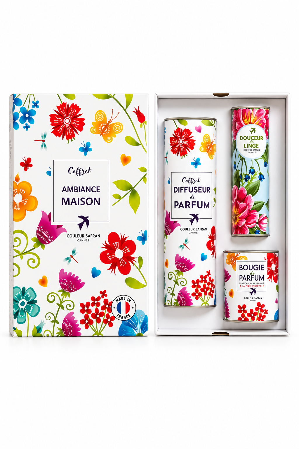 Photo — coffret complet sur lin, vue ¾ plongée
