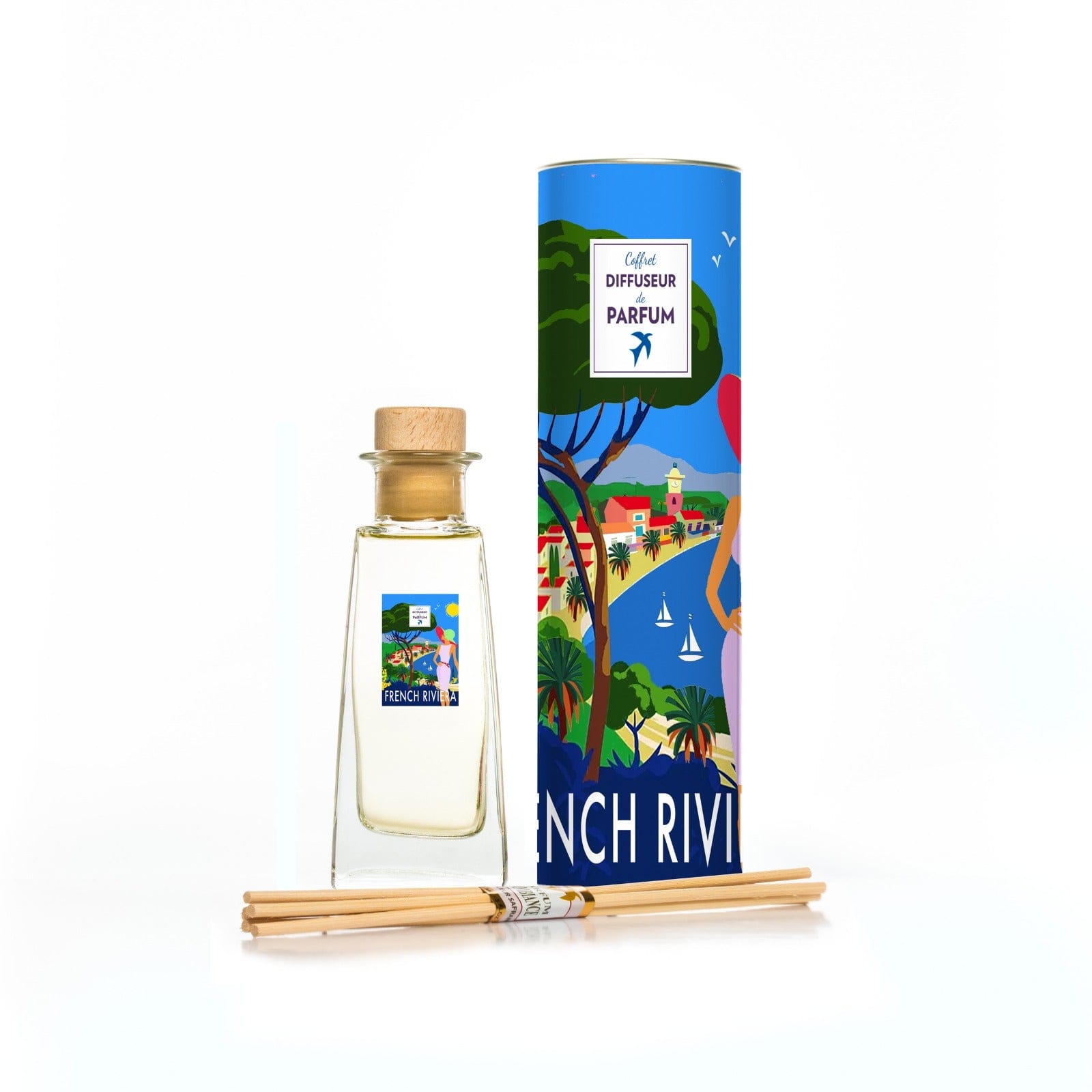 Diffuseur de parfum Collection French Riviera de Couleur Safran, Cannes, avec flacon élégant et diffuseur en bois.