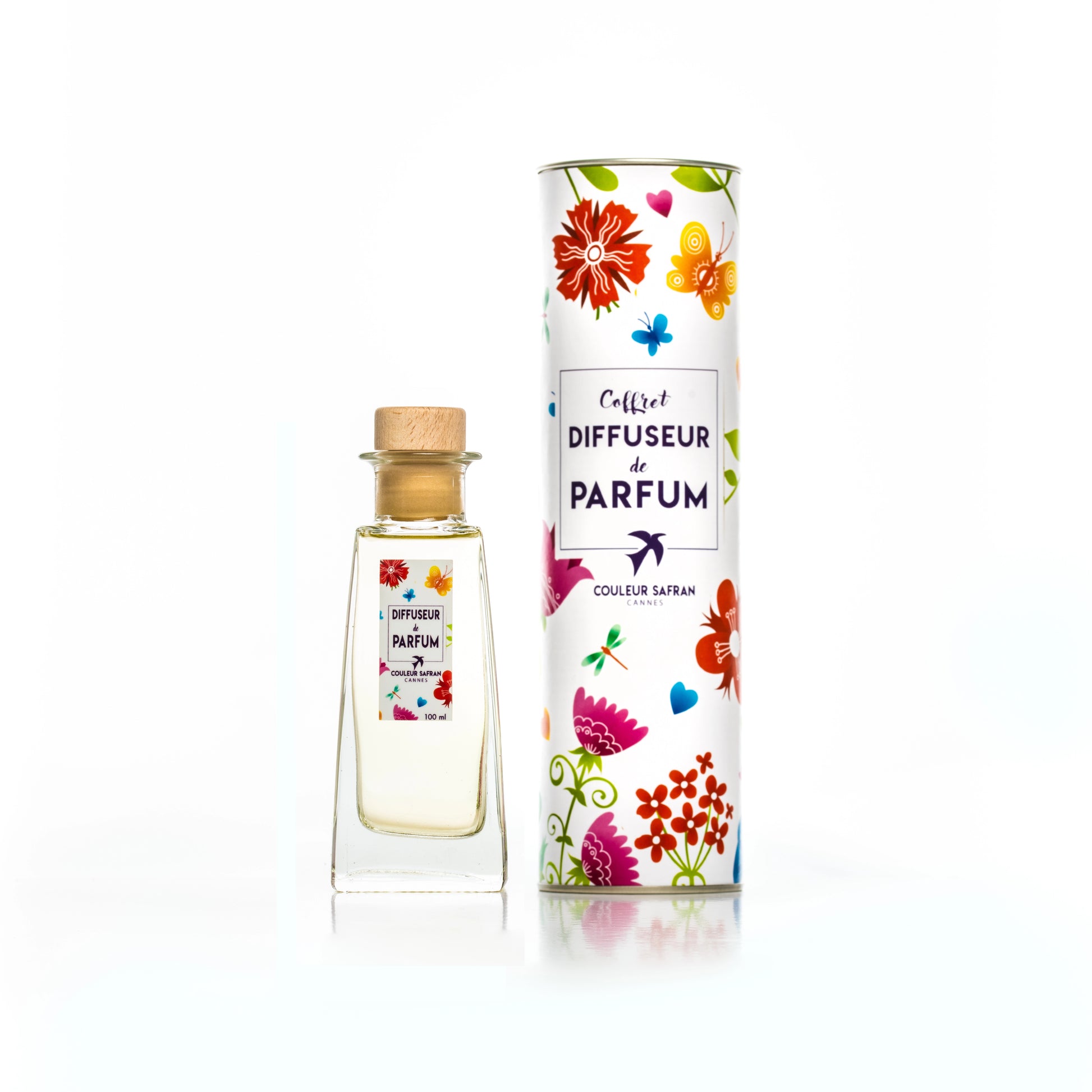 Diffuseur de parfum artisanal couleur safran, 100ml, avec embouts en verre, décor élégant pour maison.