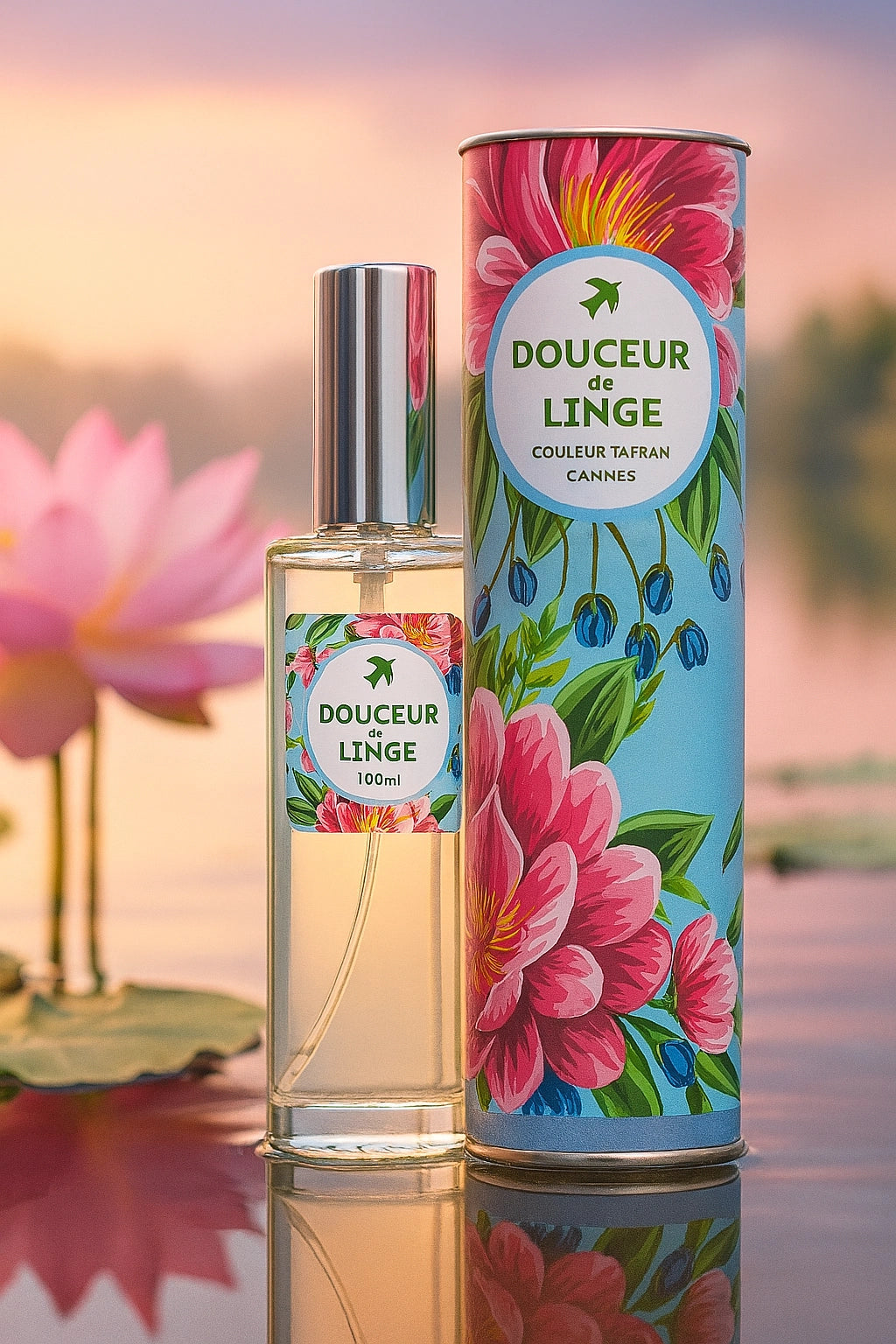 Flacon de 100ml de douceur de linge DlingeFleurdeLotus de My Store, avec une étiquette florale élégante.