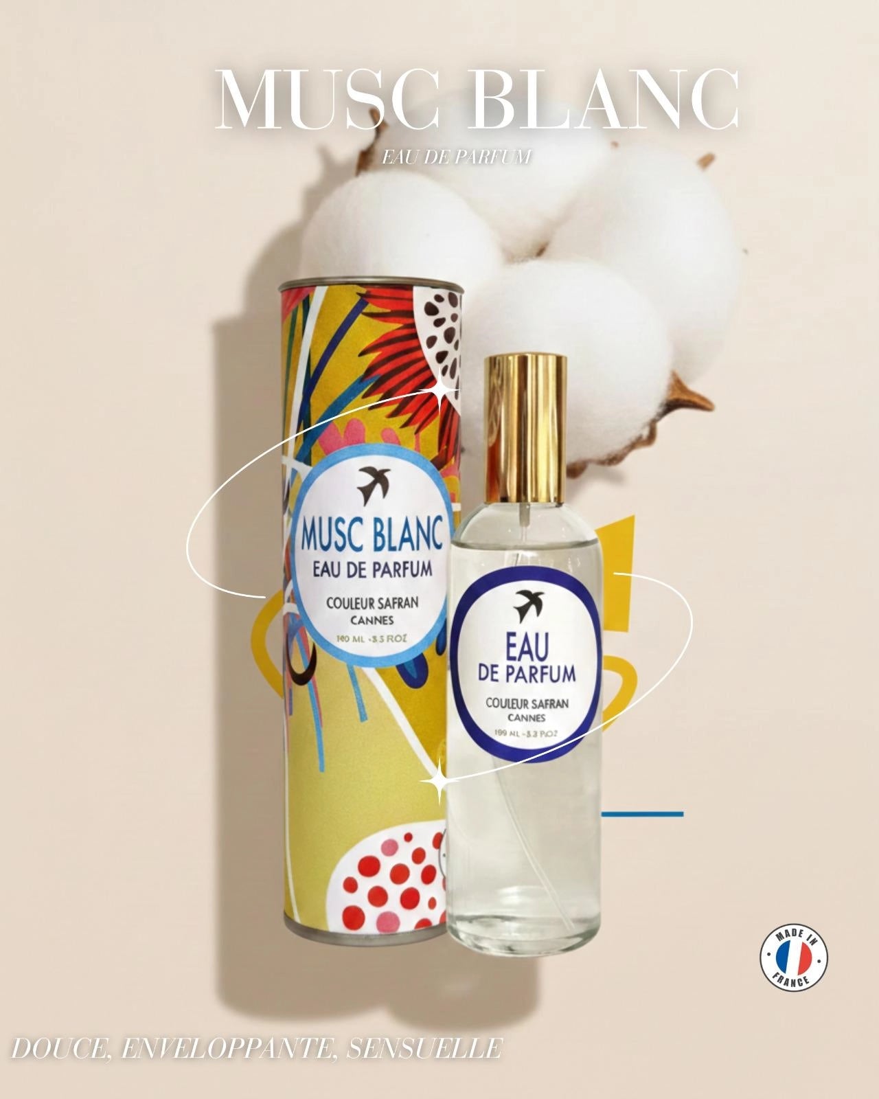 Flacon d'eau de parfum Musc Blanc de My Store avec design élégant et liquide blanc translucide visible.