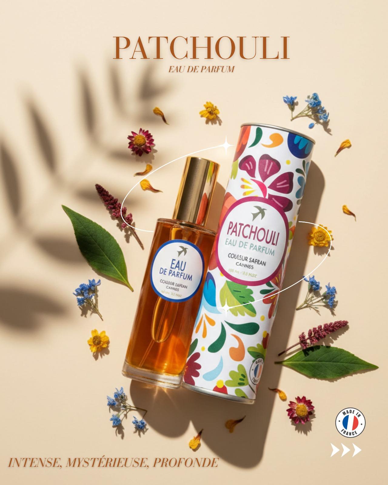 Flacon d'eau de parfum Patchoulis My Store, 100 ml, avec bouchon élégant et design sophistiqué sur fond neutre.