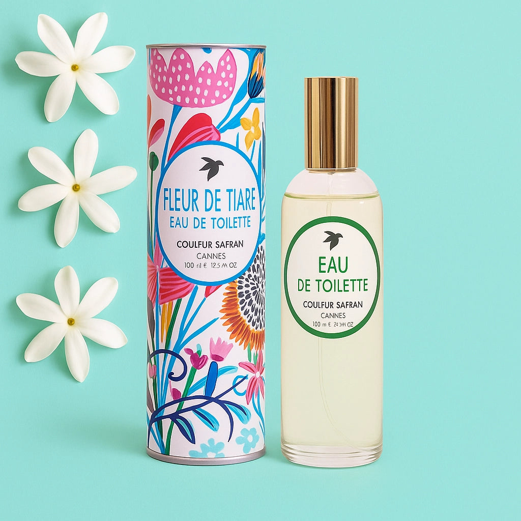 Eau de toilette Fleur de Tiaré de 100ml de My Store, flacon élégant avec parfum floral et exotique, vue en gros plan.