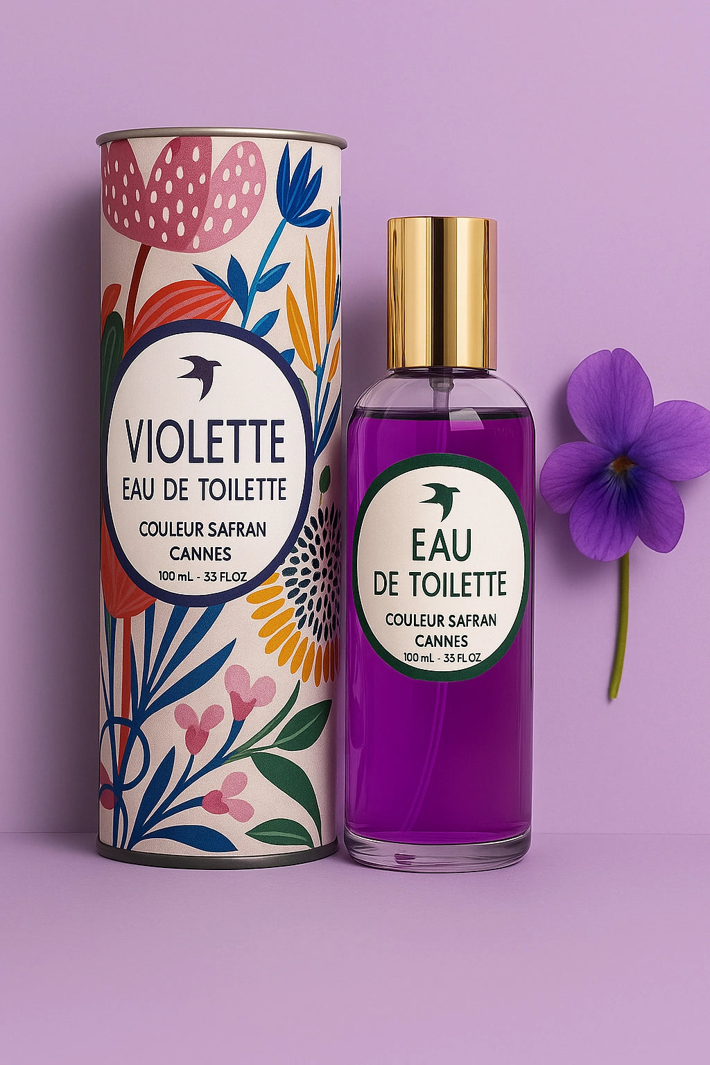 Flacon d'eau de toilette à la violette de 100 ml de la marque My Store, avec un design élégant et parfum floral.