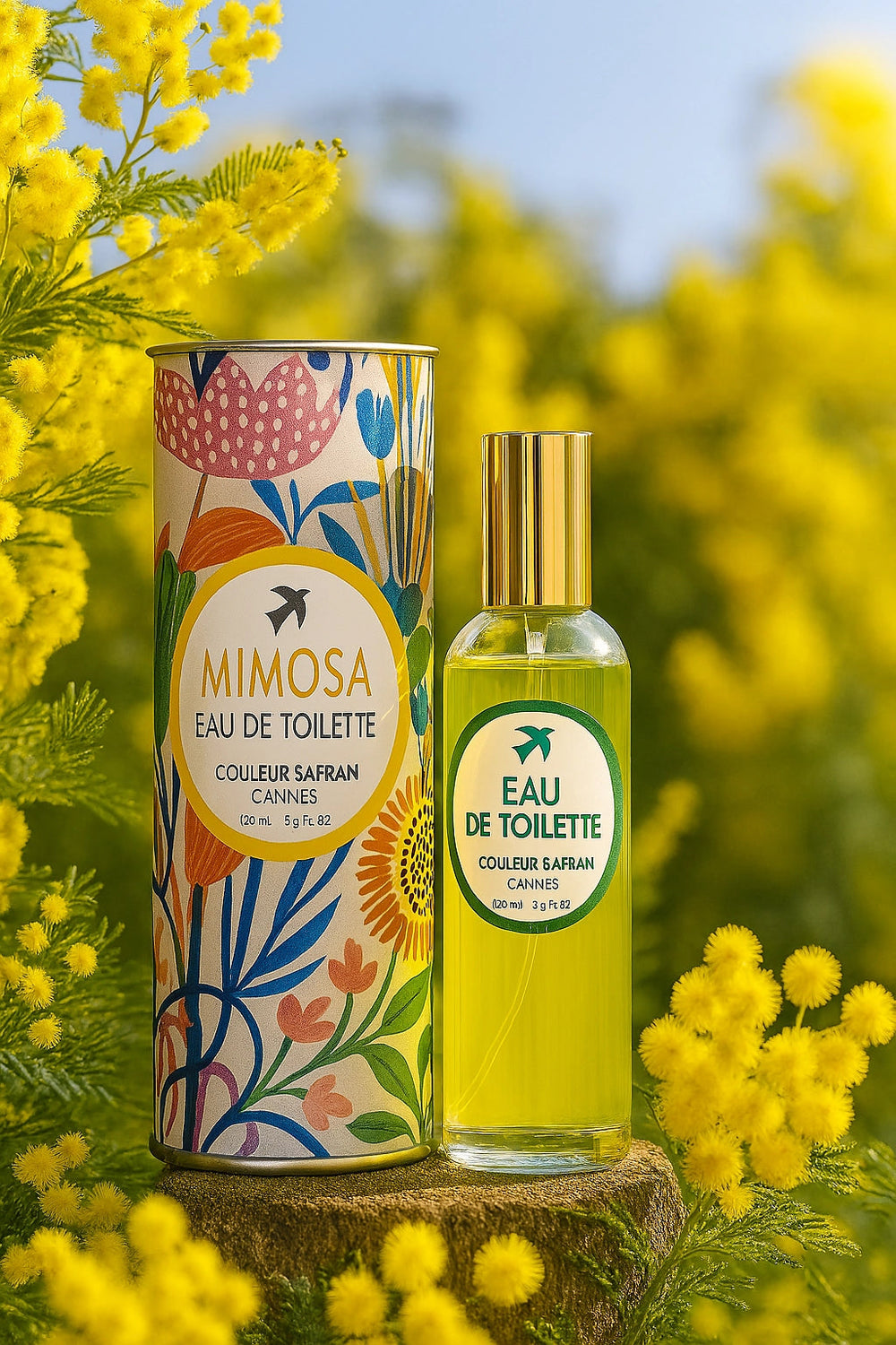 Flacon d'eau de toilette My Store Mimosa de 100 ml avec étiquette élégante et design moderne.