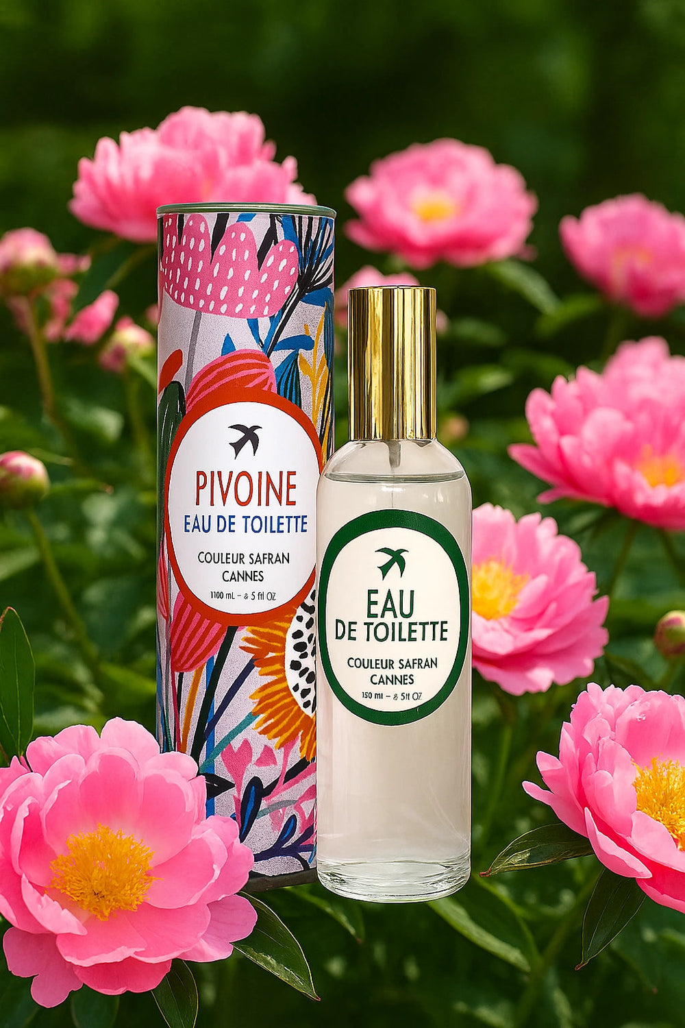 Flacon d'Eau de Toilette à la pivoine de 100 ml de la marque My Store, avec un design élégant et floral.