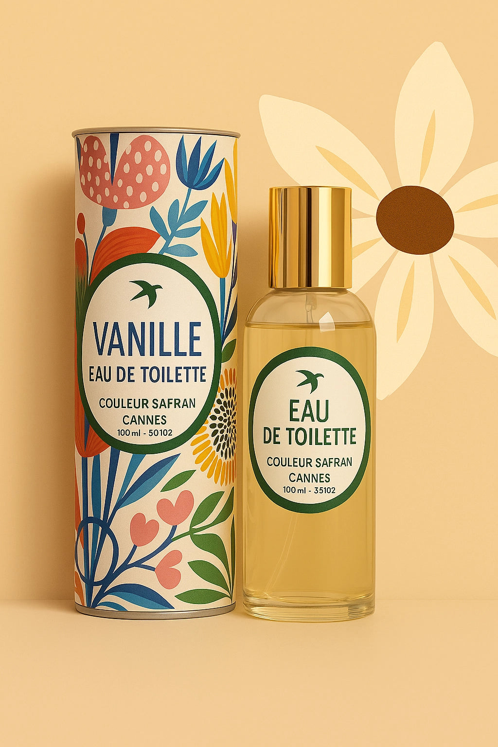 Flacon d'eau de toilette à la vanille My Store de 100 ml, avec une étiquette élégante et un bouchon en plastique transparent.