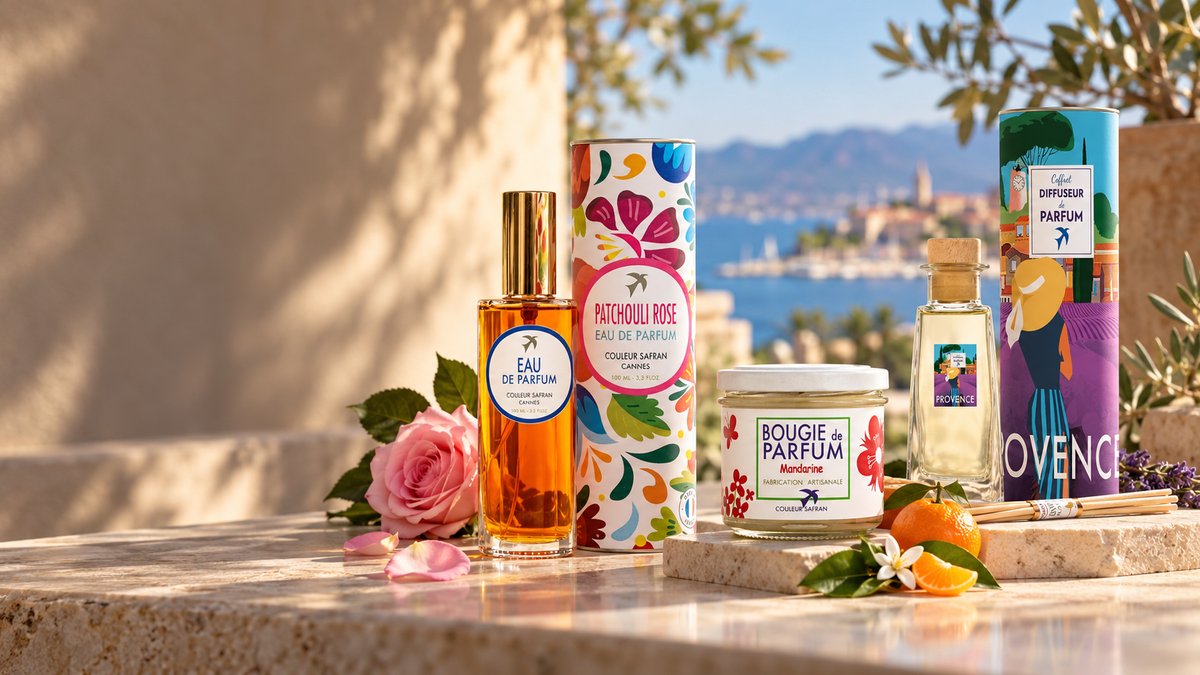 Bougie, eau de parfum Patchouli Rose et diffuseur Couleur Safran sur une terrasse en pierre face à la Méditerranée, au soleil du matin