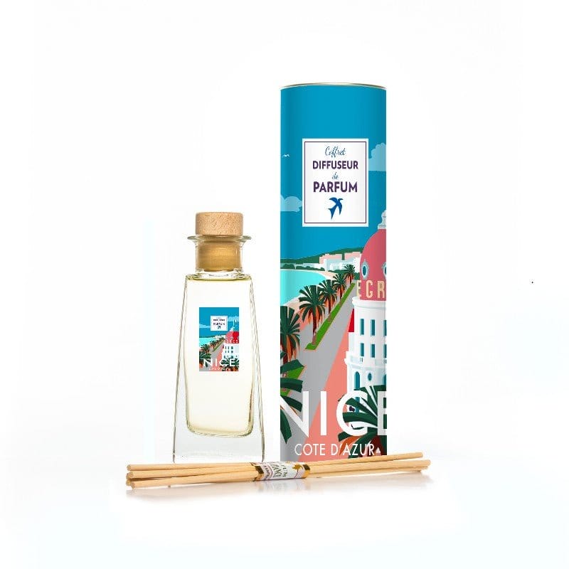 Diffuseur de parfum Collection French Riviera de Couleur Safran, Cannes, avec flacon élégant et vaporisateur.