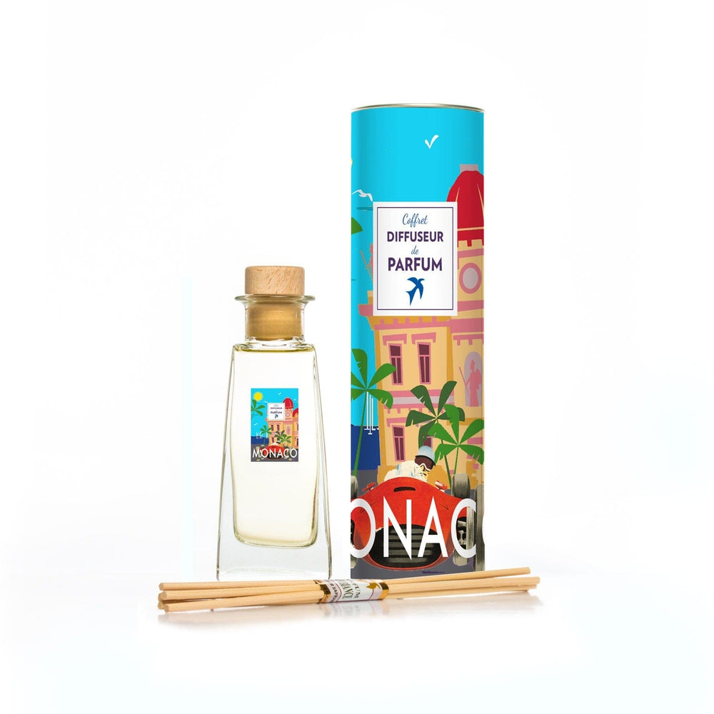 Diffuseur de parfum Collection French Riviera de Couleur Safran, Cannes, avec flacon élégant et vaporisateur en verre coloré.