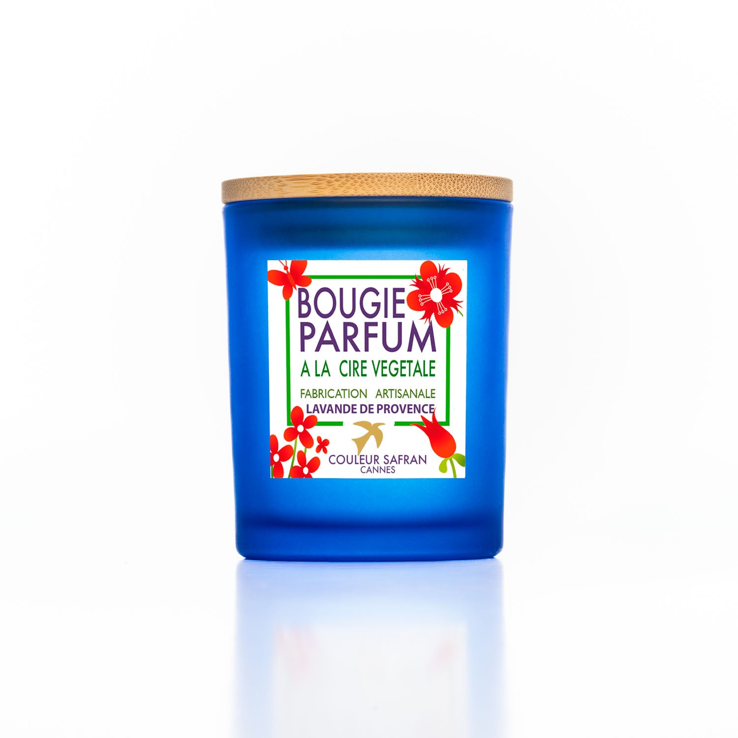 Bougie parfumée artisanale couleur safran, cire végétale, 180g, avec une mèche en coton et un contenant élégant.