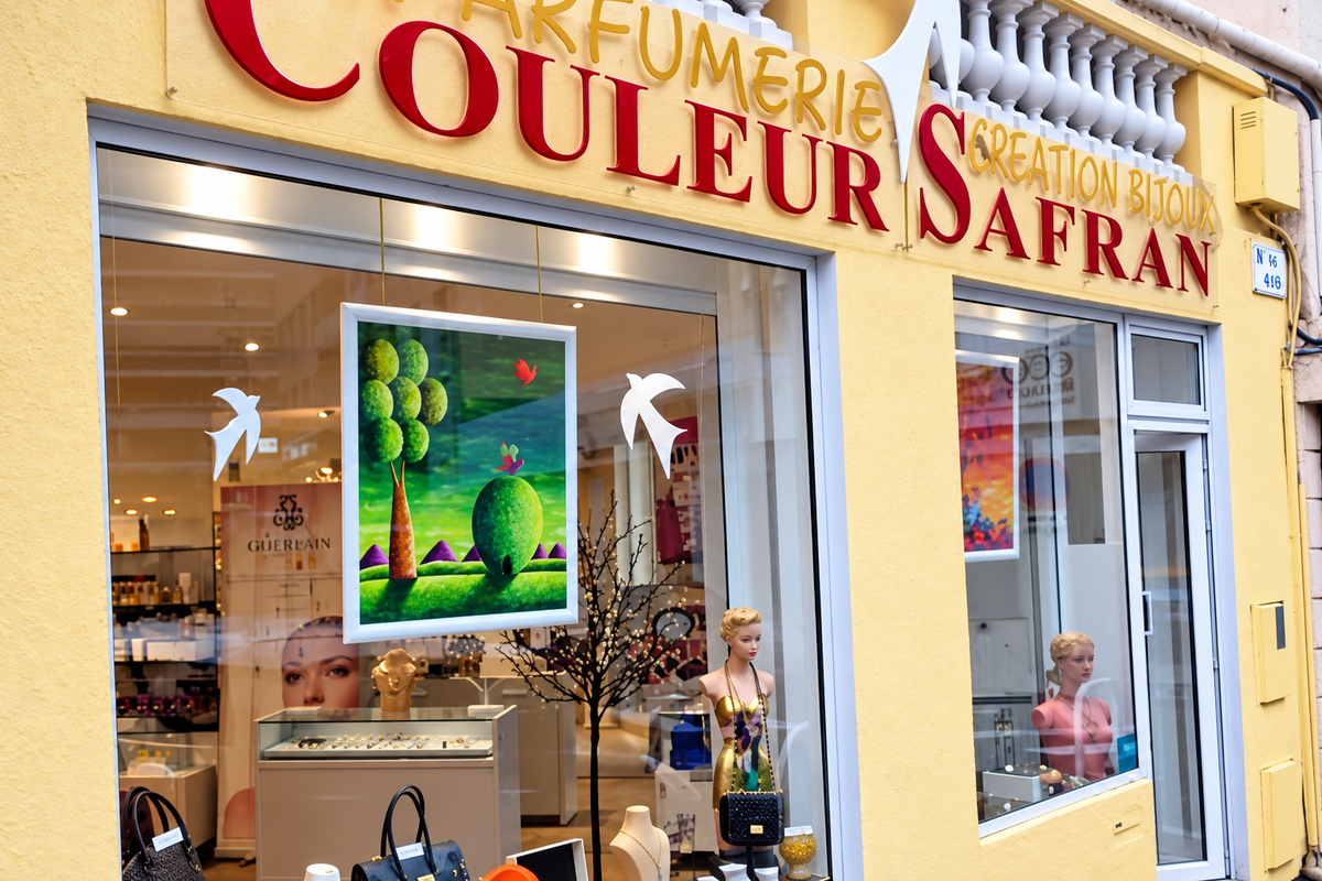 Photo — Cannes, façades ocre et palmiers à midi, ombres franches. Vitrine de la rue Reyer.