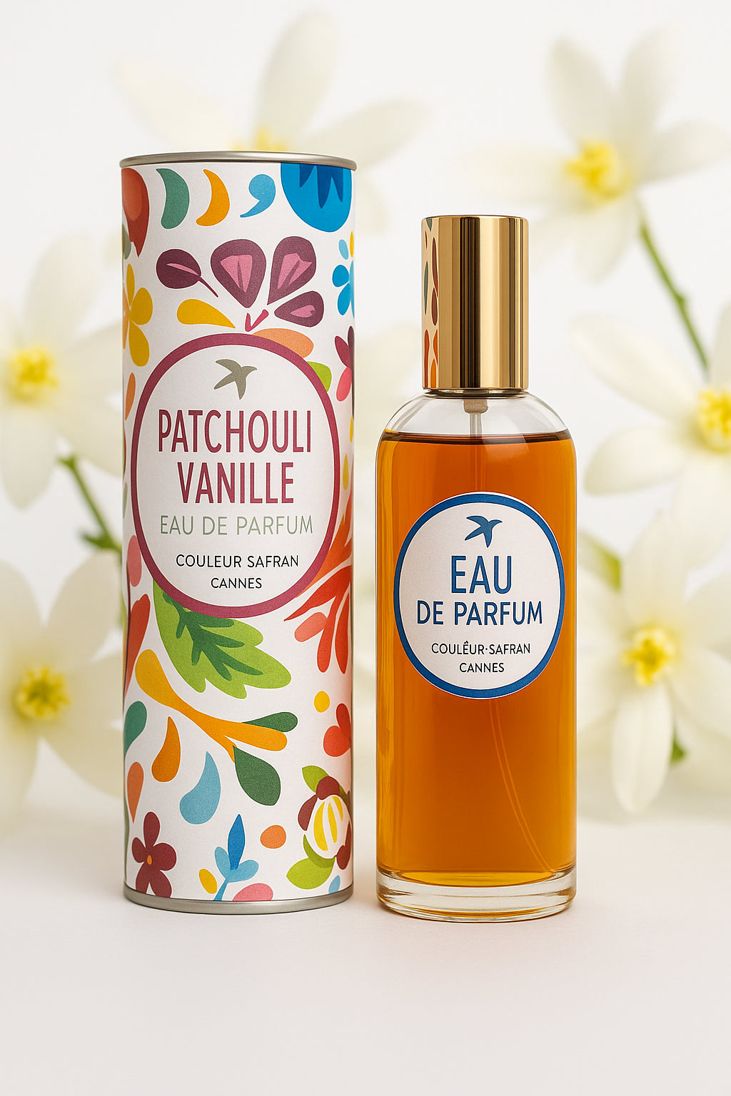 Flacon d'eau de parfum Patchoulis de 100ml de My Store, avec une étiquette illustrant un parfum patchouli et vanille.