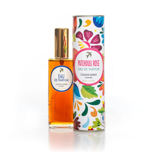 Flacon d'eau de parfum Patchoulis de My Store avec notes de patchouli et rose dans un flacon blanc de 100ml.
