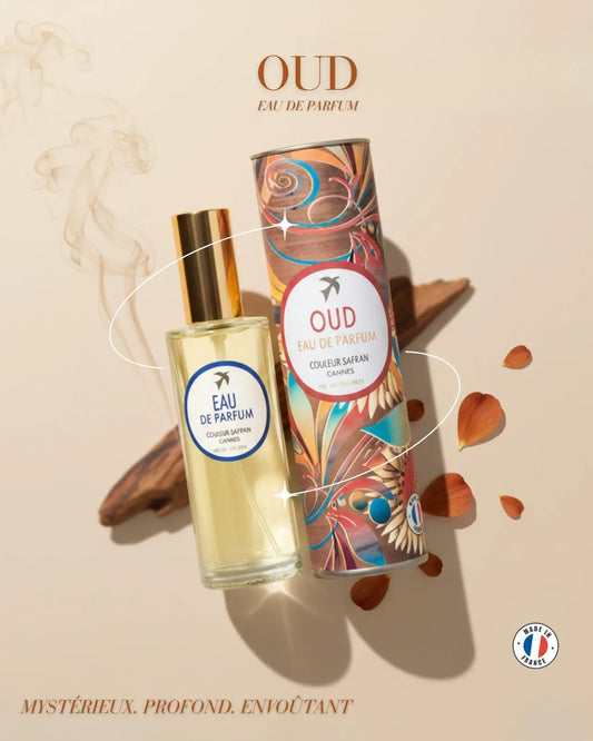 Flacon d'eau de parfum Oud de My Store, avec design élégant et bouteille transparente mettant en valeur le parfum oriental.