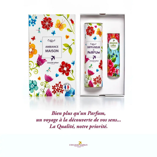 Coffret cadeau Zen de My Store avec diffuseur de parfum et douceur de linge, affichant des éléments de linge et diffuseur élégant.