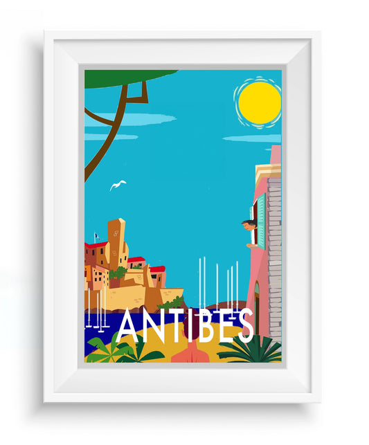 Cadre pour affiche French Riviera – Collection Côte d’Azur de Couleur Safran, montrant une vue de la Côte d’Azur à Antibes.