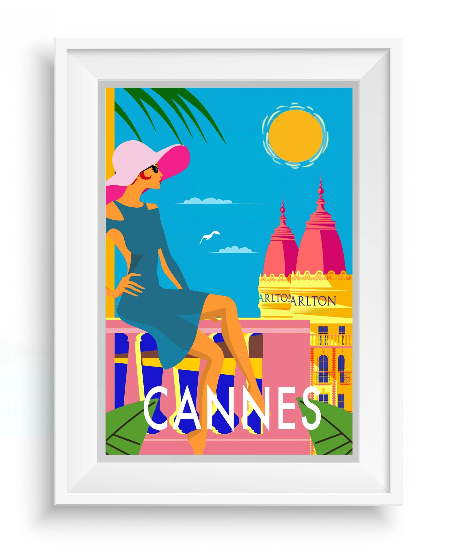 Cadre avec affiche de la Collection Côte d’Azur de Couleur Safran, scène de la French Riviera à Cannes, encadrement élégant.