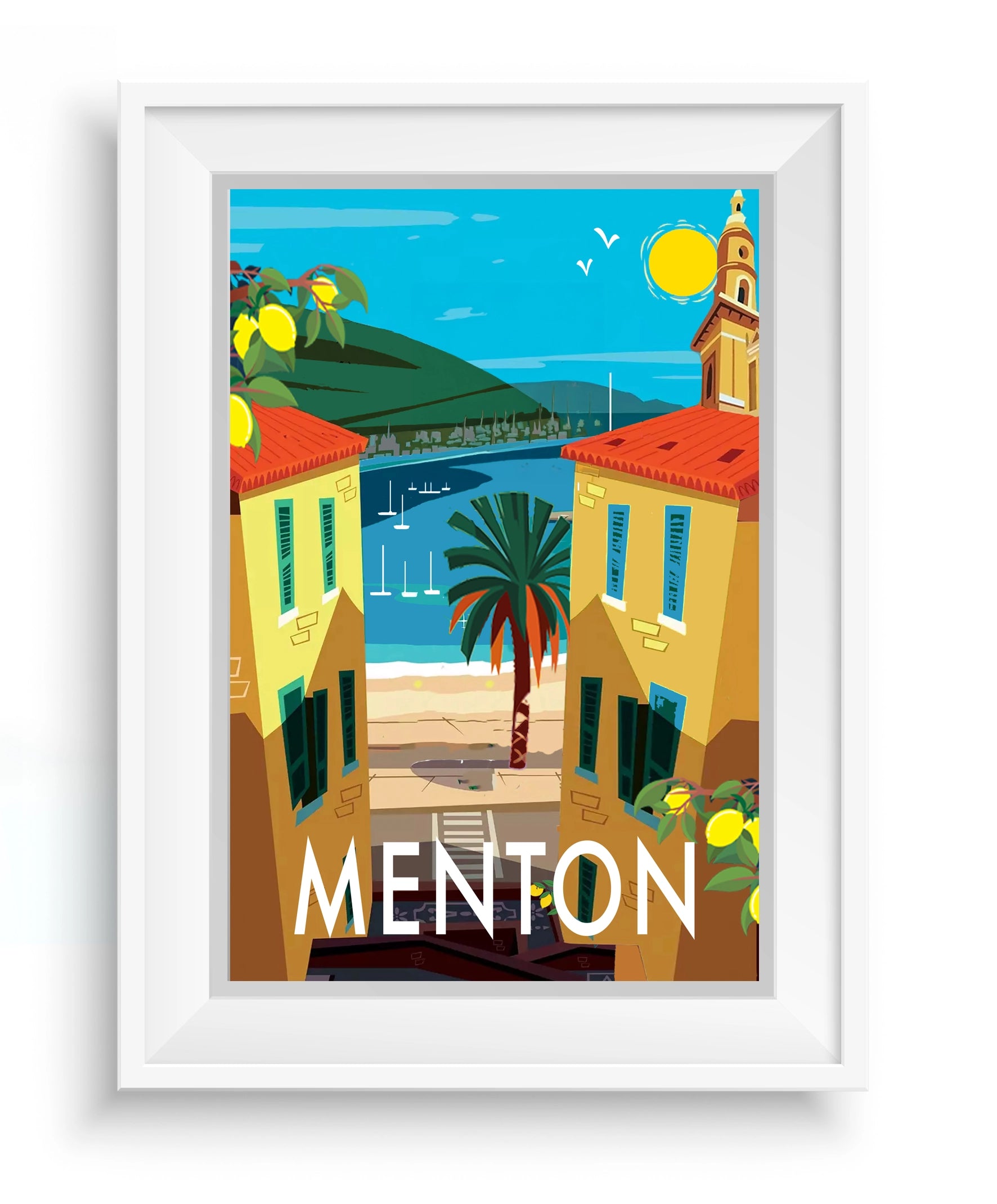 Cadre pour affiche French Riviera – Collection Côte d’Azur de Couleur Safran, en bois clair avec vue d'une affiche encadrée.