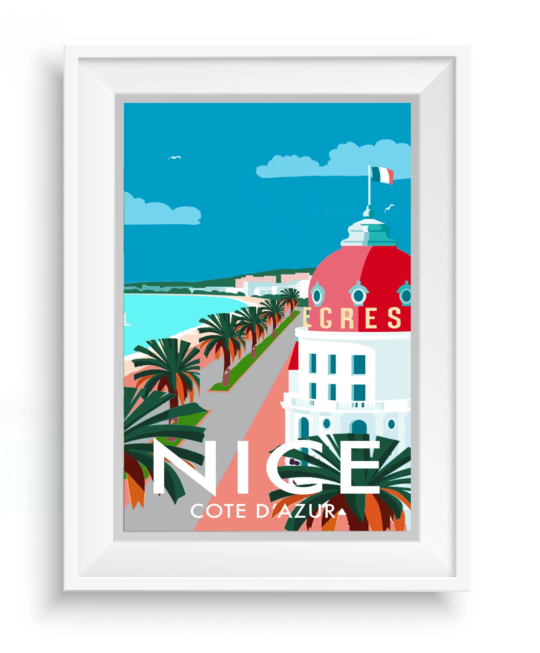 Cadre avec affiche de la collection Côte d’Azur, représentant la French Riviera, par Couleur Safran à Cannes.