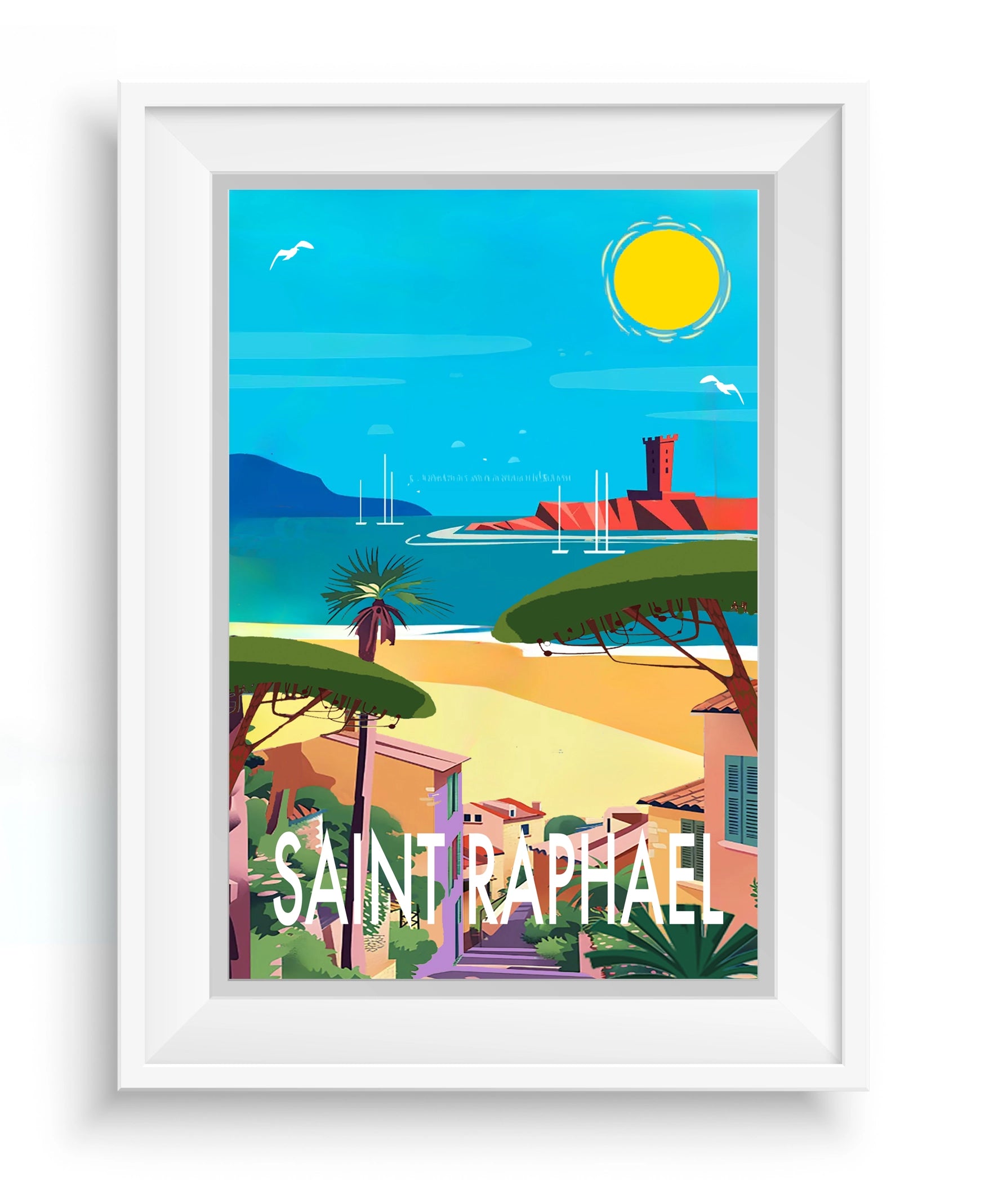 Cadre avec affiche de la Côte d’Azur, collection French Riviera, par Couleur Safran, mettant en valeur un paysage de Saint-Raphaël.