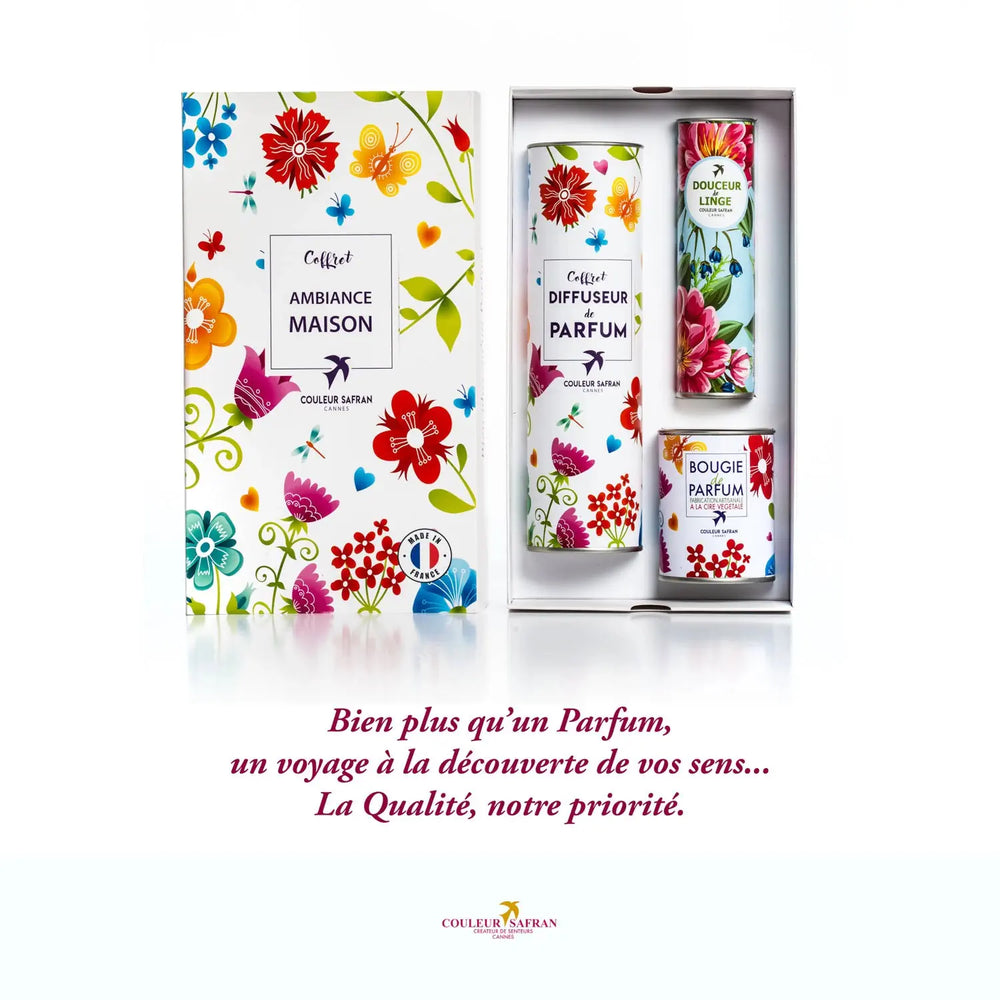 Coffret Cadeau d'Ambiance maison made in France – Diffuseur de Parfum, Bougie Parfumée & Douceur de Linge au choix