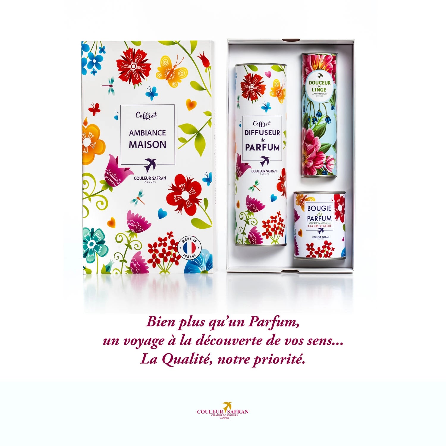 Coffret cadeau d’ambiance maison avec diffuseur de parfum et bougie parfumée, élégante présentation pour une ambiance chaleureuse