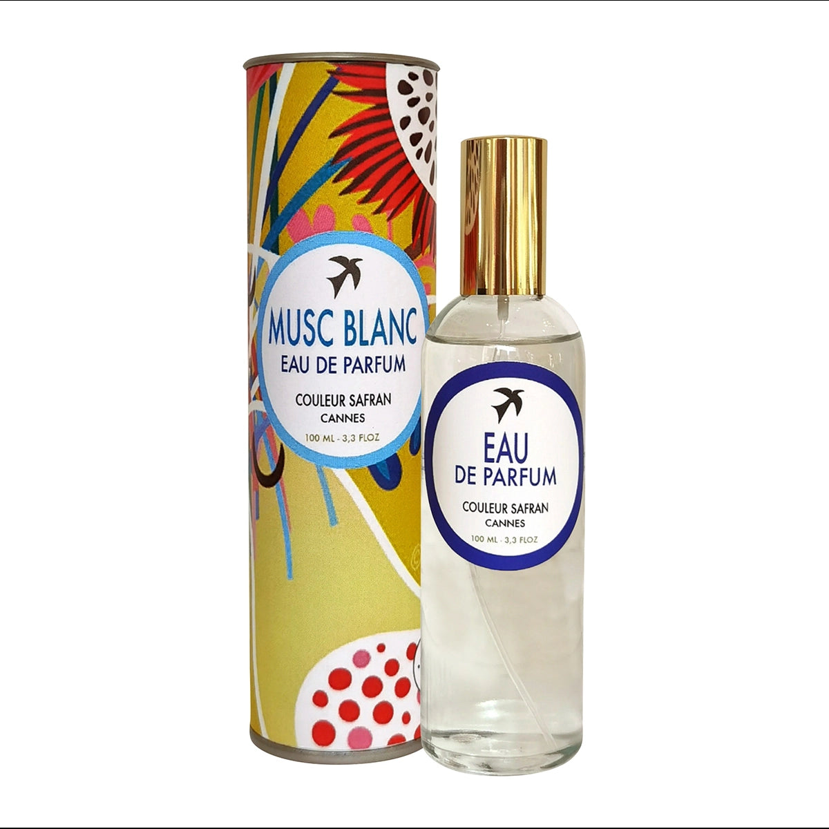 Flacon d'Eau de Parfum Musc Blanc de My Store, vaporisateur élégant avec étiquette blanche, parfum floral et musqué.