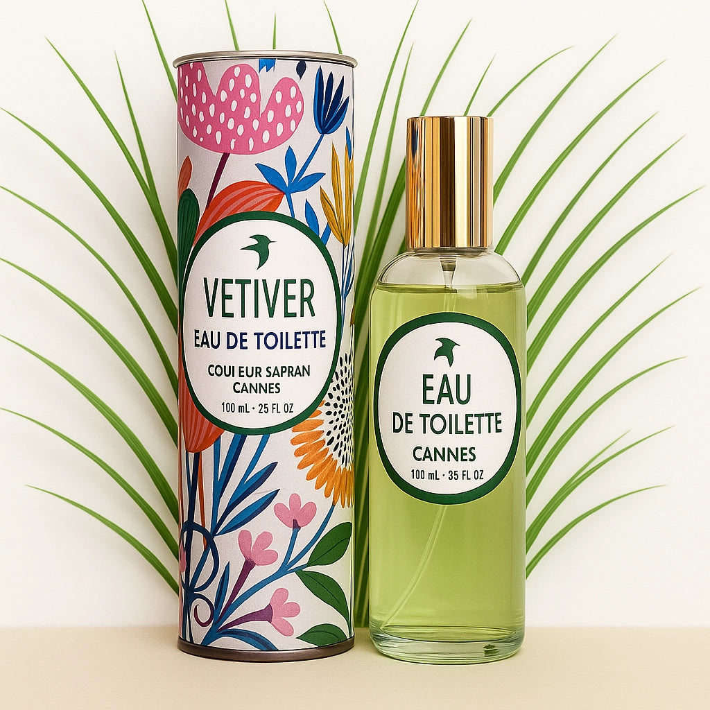 Eau de toilette Vetiver de 100ml, parfum masculin de My Store, bouteille élégante avec vaporisateur, vue de face.